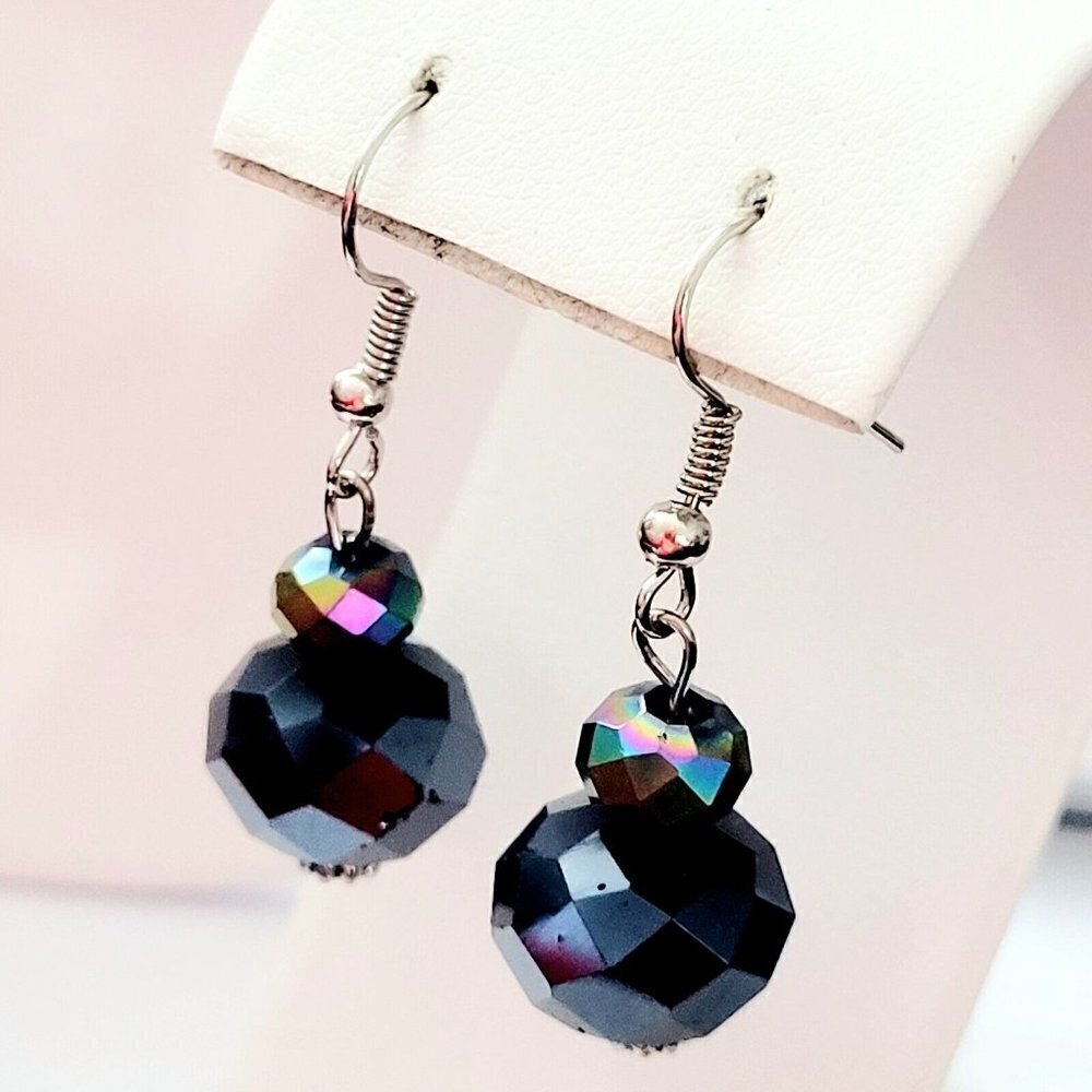 Hand Beaded Faceted Glass Drop Dangle Earrings Black Chinese Crystal Silver